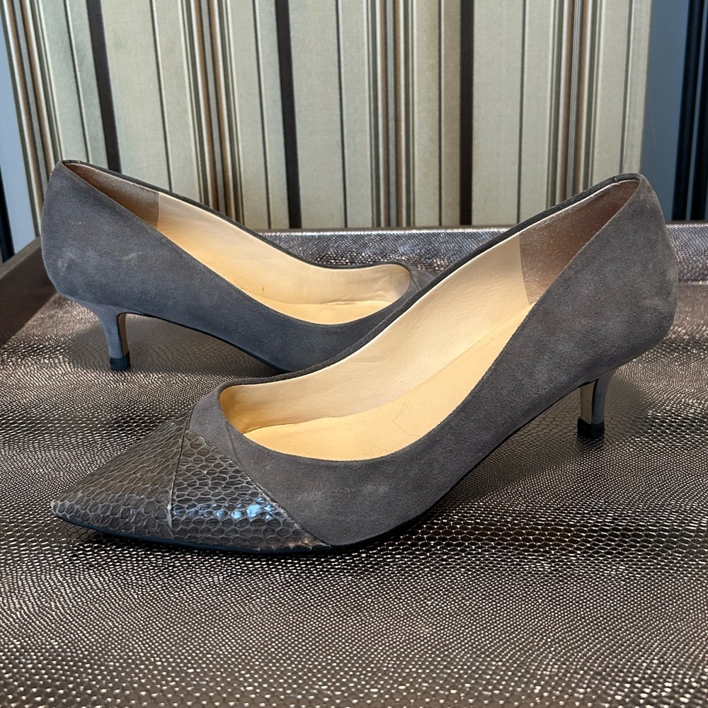 Gray suede kitten heels